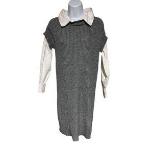 Tahari Gray Sweater Dress With White Button-Down Shirt Sleeves Size XS